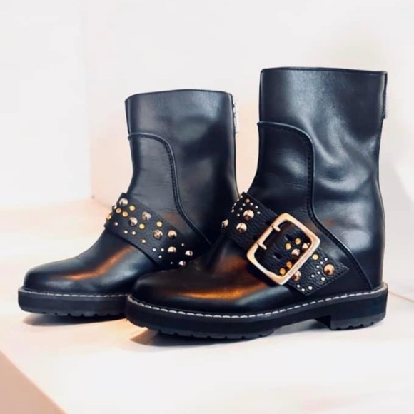 ZADIG & VOLTAIR Black Studded Buckle Leather Moto Chunky Heel Boots Sz. 37 - Picture 1 of 8